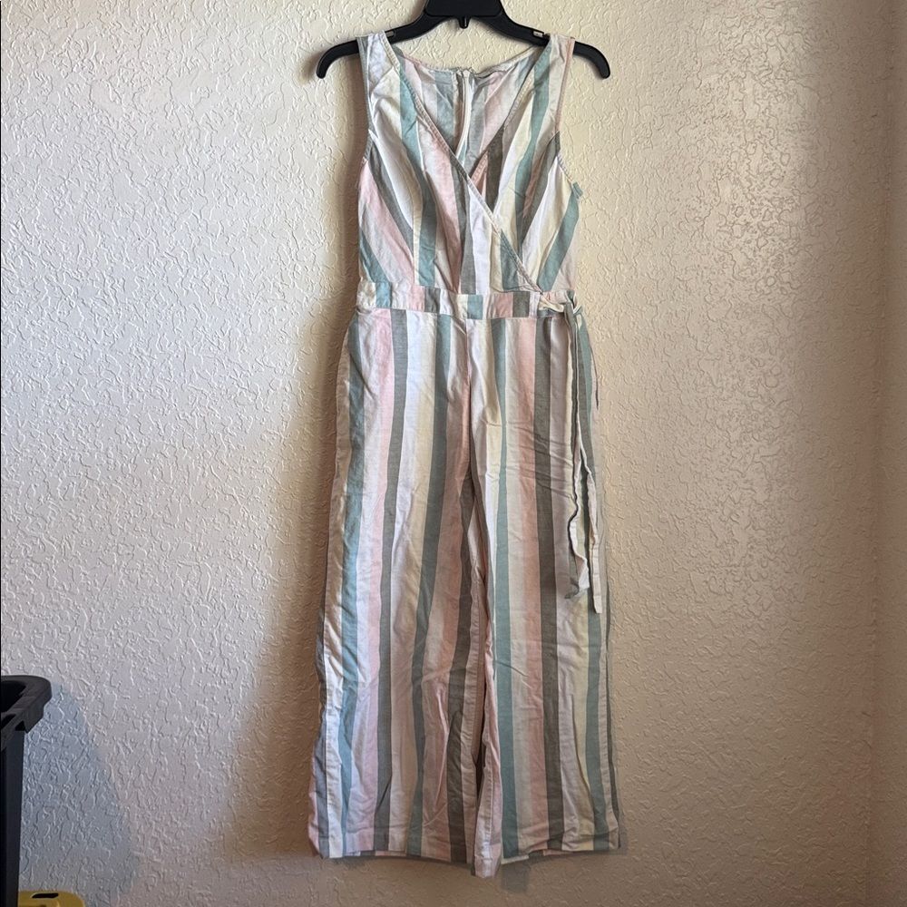 Lucky Brand Daisy Striped Jumpsuit Size Small Pastel Wide Leg Cotton V-Neck - Picture 3 of 10